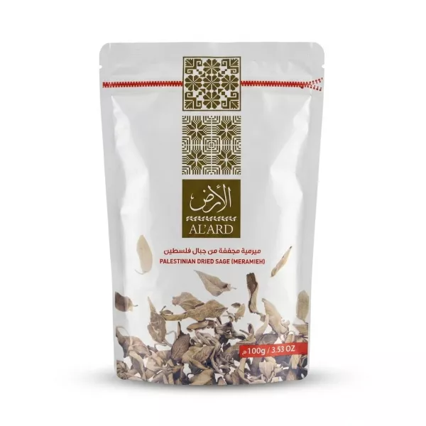 Enhanced Front of Al'Ard Palestinian Dried Sage 100g bag showing dried sage leaves