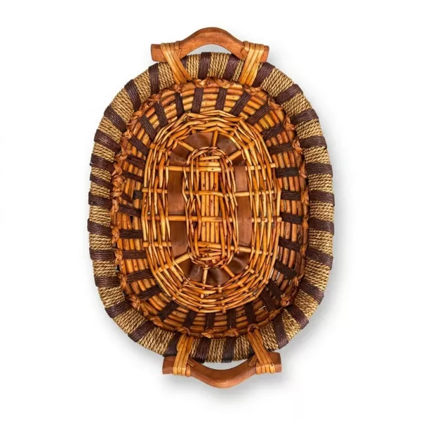Enhanced Top view of an oval handwoven wicker basket with handles