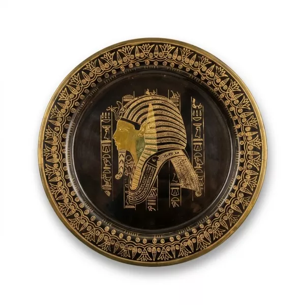Enhanced Egyptian brass decorative wall plate with pharaoh head and gold detail
