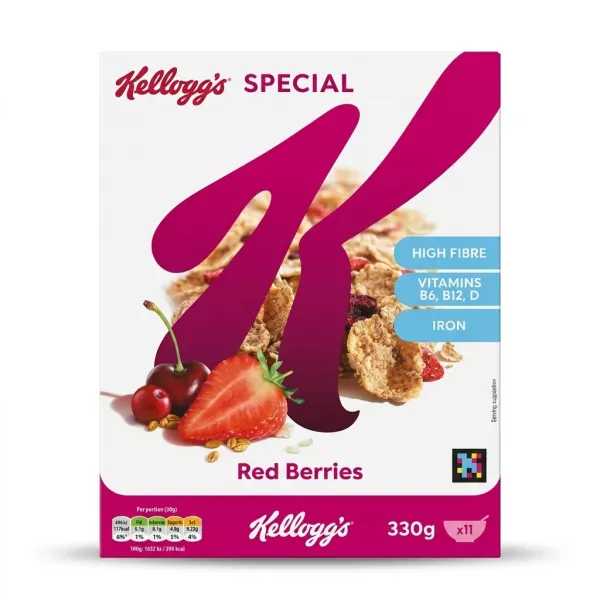 Enhanced Front of Kellogg's Special K Red Berries Cereal box 330g highlighting high fibre, vitamins, and iron