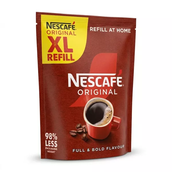Enhanced Side view of Nescafé XL Refill coffee bag highlighting 98% less packaging weight