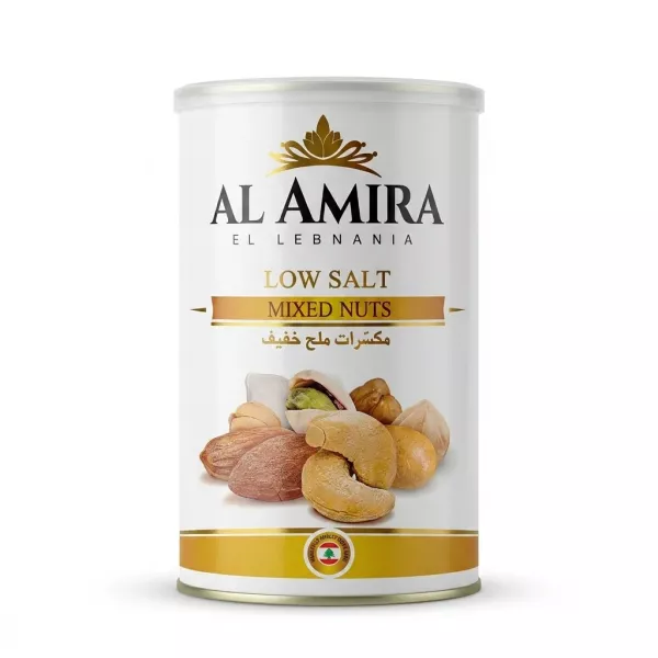 A professional front view studio photograph of the Al Amira Low Salt Mixed Nuts tin, which contains various nuts, against a seamless white background.