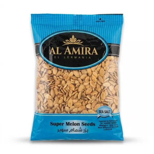 Enhanced Front view of Al Amira Super Melon Seeds Sea Salt 300g pack