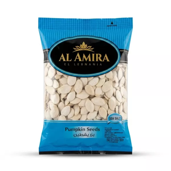 Enhanced Front of Al Amira Pumpkin Seeds Sea Salt blue packaging