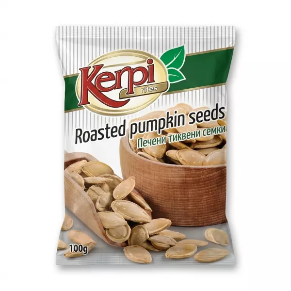 Enhanced Front packaging of Kerpi Roasted Pumpkin Seeds 100g