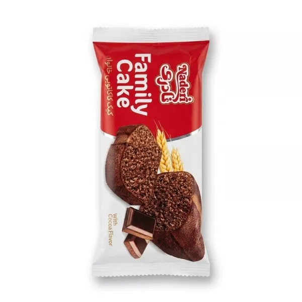 A 1:1 professional product photo of Naderi Cocoa Cake. The product, centrally placed and filling 85% of the frame, is in its clean red and white packaging with text and an image of the cocoa-flavored cake and ingredients. The image is sharply focused with professional studio lighting on a pure white background with soft, even shadows.