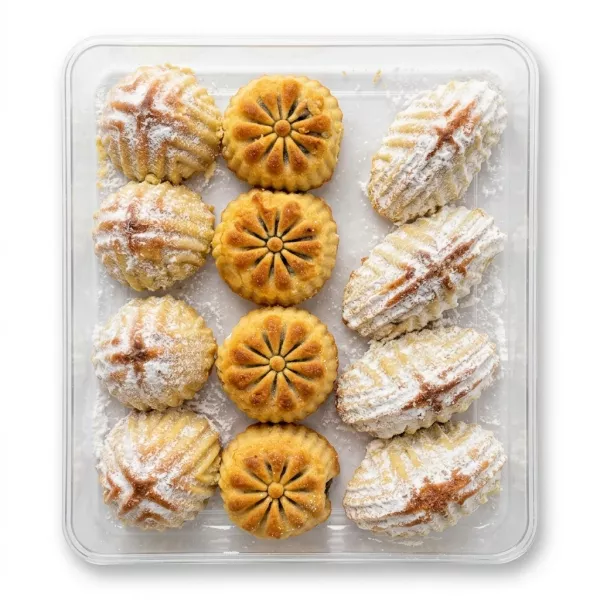 A clear tray filled with an assortment of intricately designed and patterned Rayan Mamoul pastries, lightly dusted with powdered sugar. The pastries are neatly arranged and centered against a clean white background.