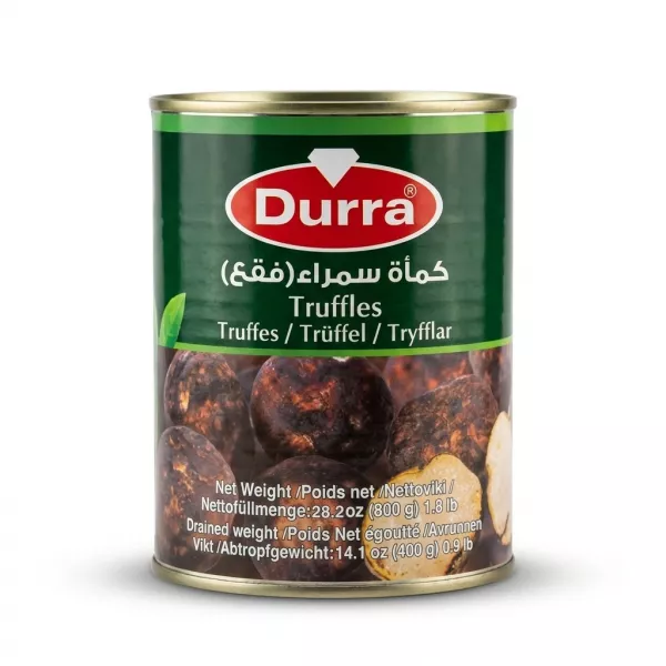 Enhanced Front of Durra canned truffles 800g held in hand