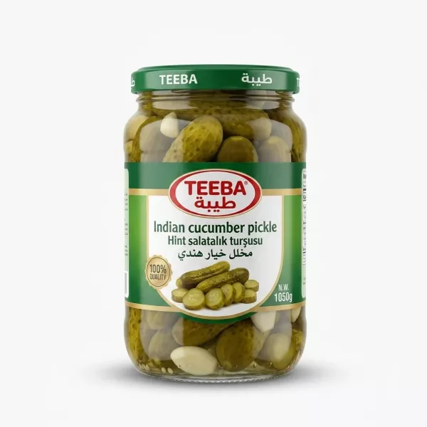 Enhanced Front view of Teeba Indian Cucumber Pickle 1050g jar in hand