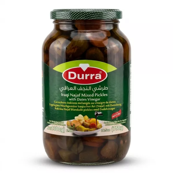 Enhanced Front label of Durra Iraqi Najaf Mixed Pickles with Dates Vinegar 1300g jar
