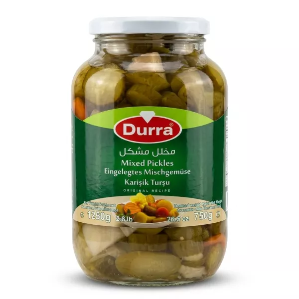 Enhanced Front of Durra Mixed Pickles 1250g jar with green label