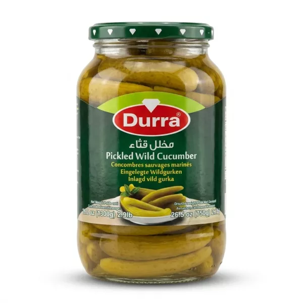 Enhanced Front view of Durra Pickled Wild Cucumber 1300g jar with green label