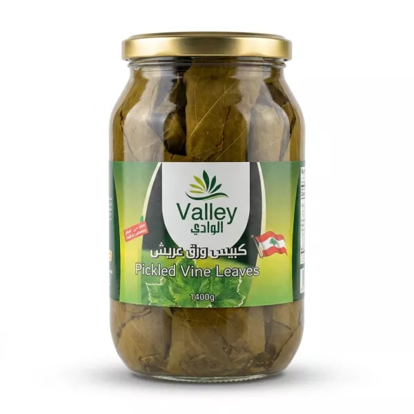 Enhanced Front label of Valley Pickled Vine Leaves 1400g jar held in hand