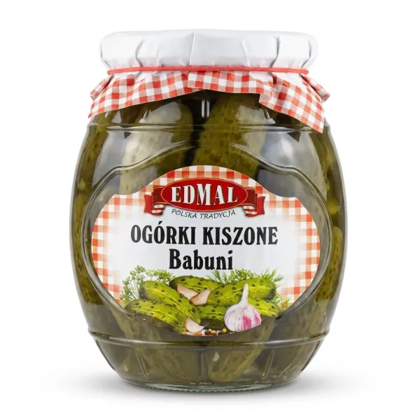 Enhanced Front view of Edmal Ogórki Kiszone Babuni pickled cucumbers jar