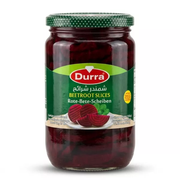 Enhanced Front of Durra Beetroot Slices jar showcasing label and slices inside