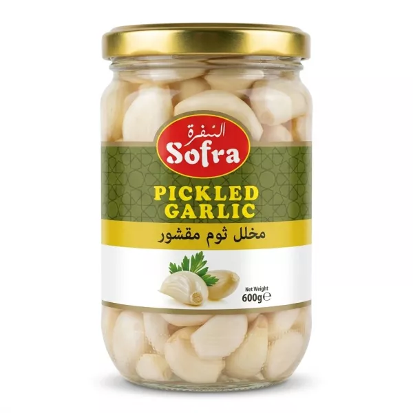 Enhanced Front view of Sofra Pickled Garlic 600g jar