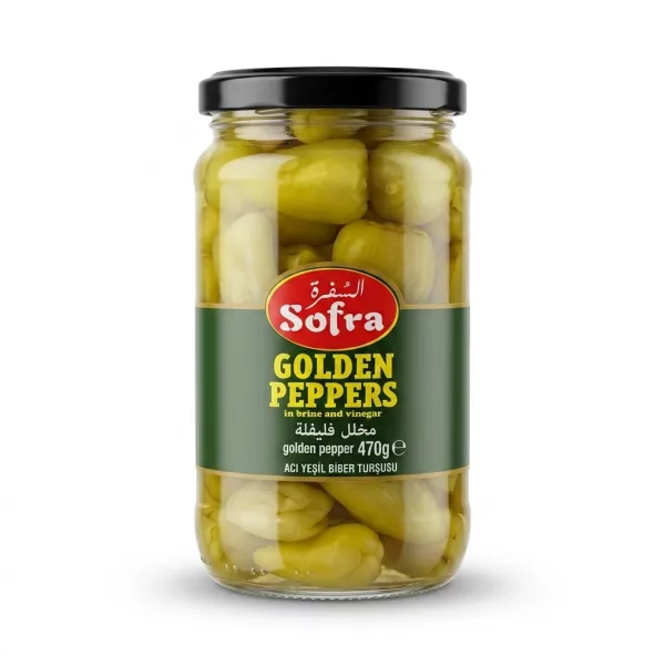 ** A 470g jar of Sofra Golden Peppers in brine and vinegar, with the peppers and complete label information clearly visible against a seamless white background.