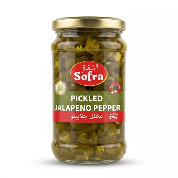 Enhanced Hand holding Sofra Pickled Jalapeno Pepper jar front label
