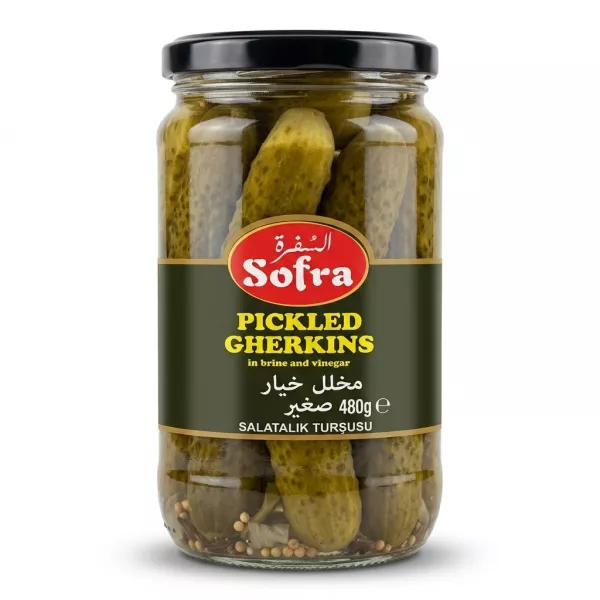 Enhanced Front of Sofra Pickled Gherkins jar 480g in store hand-held