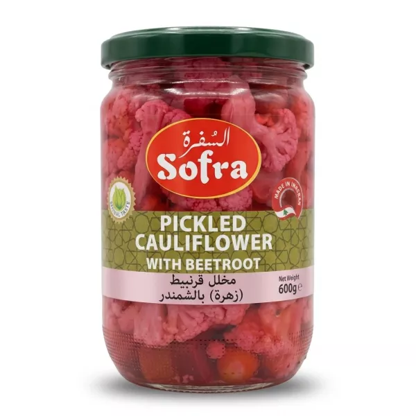 A 600g glass jar of Sofra Pickled Cauliflower with Beetroot, featuring a red oval logo and a green textured band with English and Arabic text. It is filled with vibrant pink pickled cauliflower and beets, shown against a clean white background with professional studio lighting.