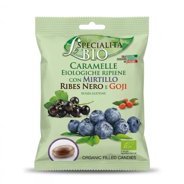 Enhanced Front of Le Specialita Bio Organic Filled Candies bag with blueberries, black currants, and goji berries