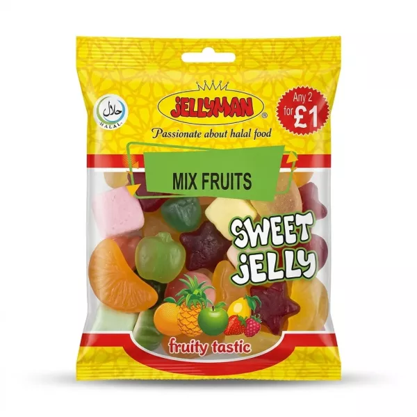 Enhanced Front of Jellyman Mix Fruits Sweet Jelly packet showing colourful fruit jellies
