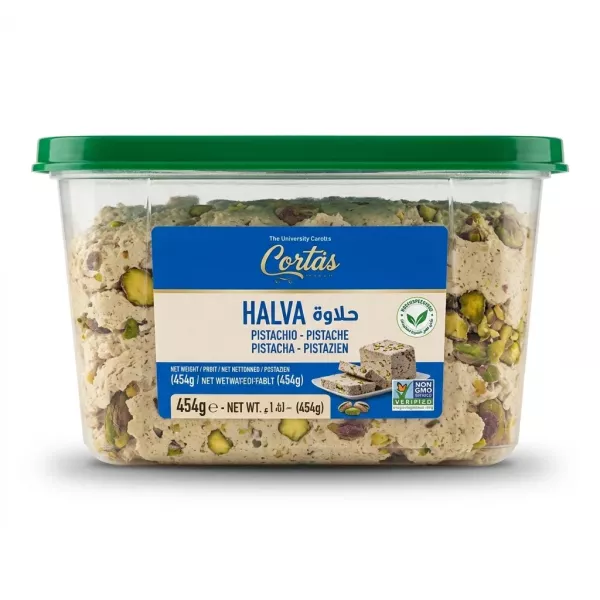 Enhanced Side view of Cortas Pistachio Halva 454g, showing product inside the tub
