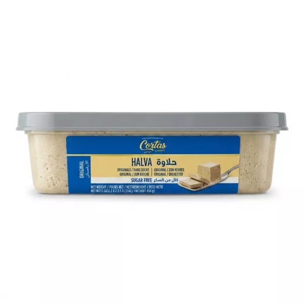 Enhanced Side view of Cortas Sugar Free Halva Original tub