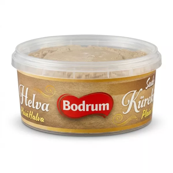 A side view of a Bodrum brand round tub containing Plain Tahini Halva, set against a clean white background. The product fills most of the frame, with professional studio lighting and soft, equal shadows on both sides.