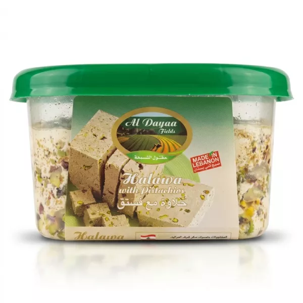Enhanced Al Dayaa Halawa with Pistachios 350g clear tub side view