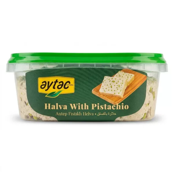 Enhanced Aytac Halva With Pistachio 300g container side view
