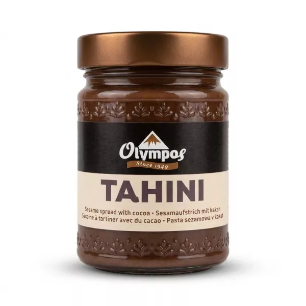 Enhanced Front view of Olympos Tahini with Cocoa jar held in hand