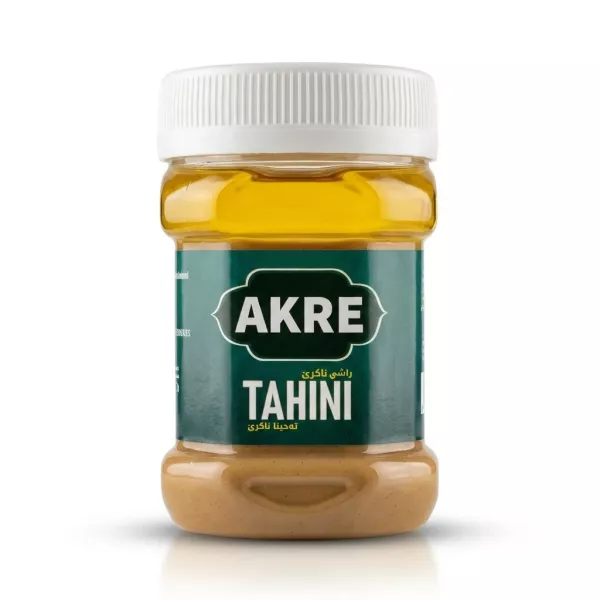 Enhanced Front view of Akre Tahini 350g jar with white lid and green label