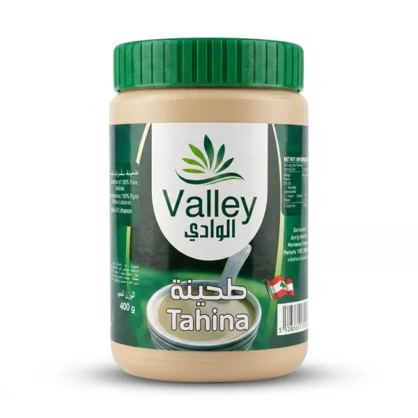 Enhanced Front view of Valley Tahina 400g jar, green lid, Arabic and English label