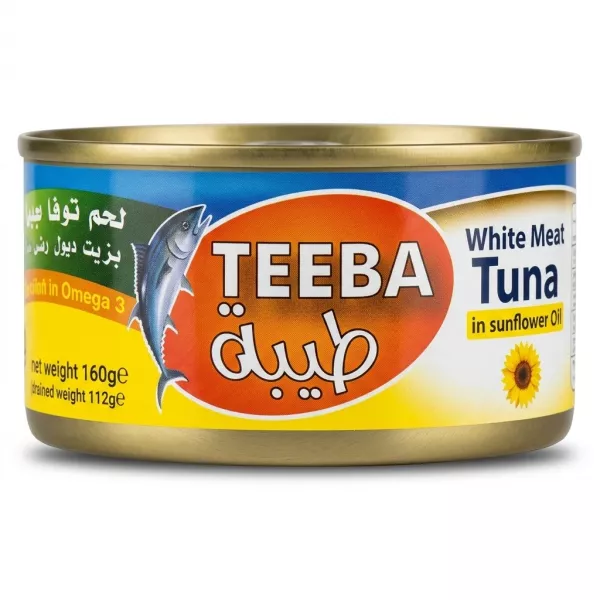 Enhanced Front view of Teeba White Meat Tuna can in sunflower oil