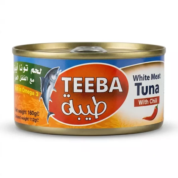Enhanced Front view of Teeba White Meat Tuna with Chili can