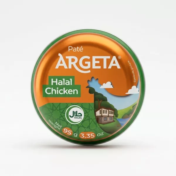 Enhanced A hand holding a round tin of Argeta Halal Chicken Pâté 95g in a shop aisle
