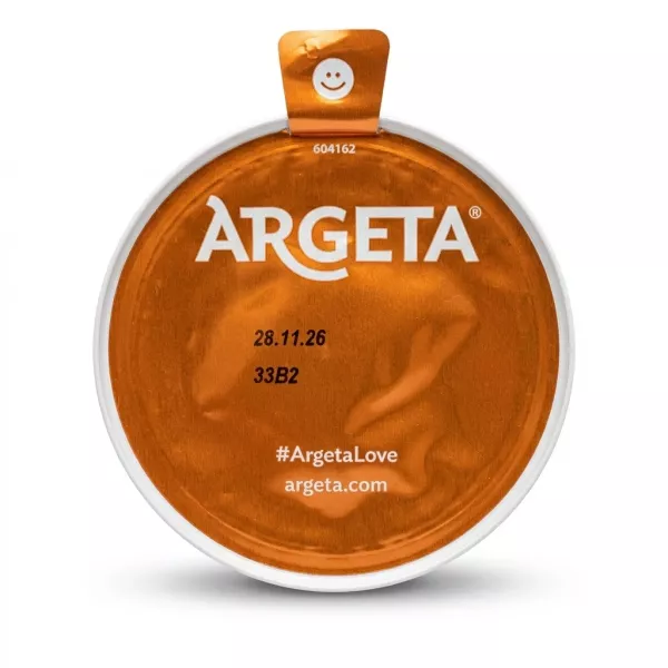 Enhanced Argeta Jetrena Liver Pate tin with foil lid opened showing brand logo