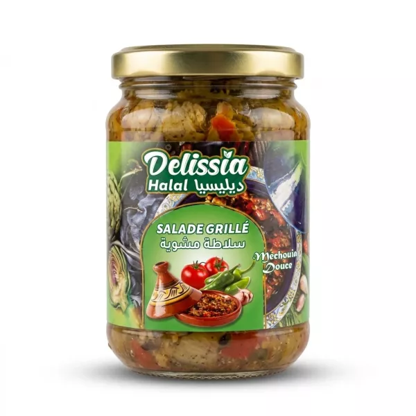 Enhanced Front of Delissia Halal Grilled Salad jar with label and vegetables