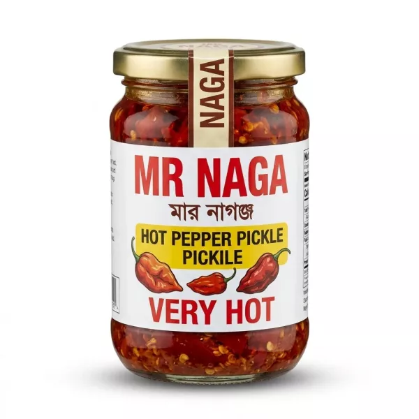 Enhanced Front label of Mr Naga Hot Pepper Pickle Very Hot jar held in hand
