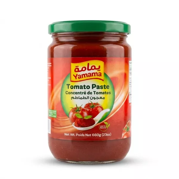 Enhanced Front of Yamama Tomato Paste 660g jar with green lid