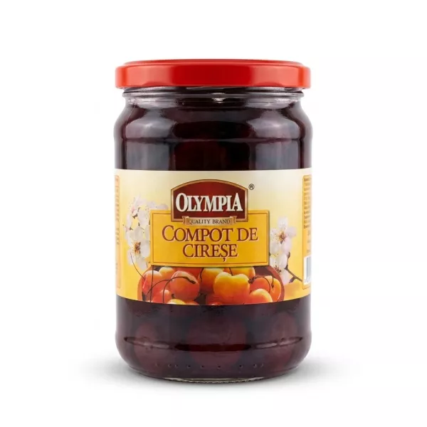 Enhanced Front label of Olympia Cherry Compote in glass jar with red lid
