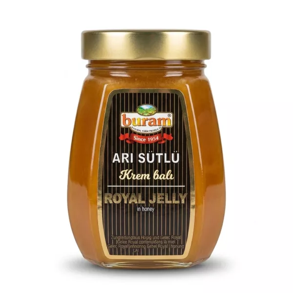Enhanced Front view of Buram Royal Jelly Creamy Honey 500g glass jar