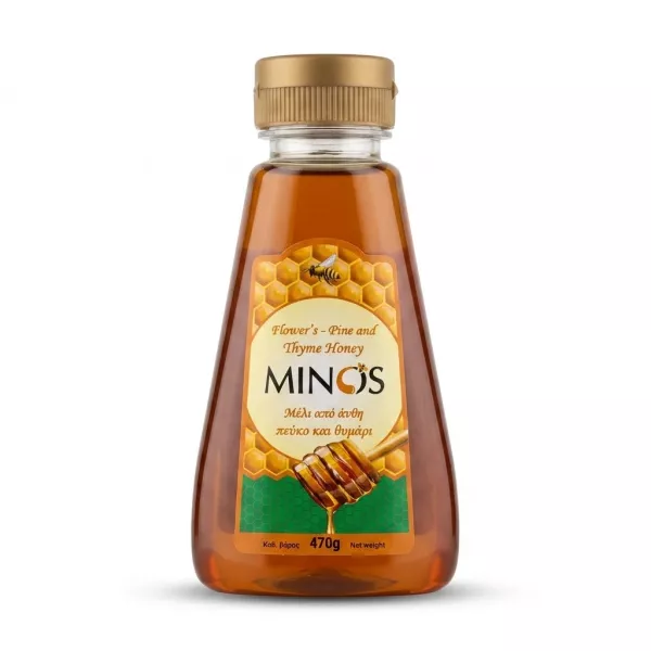 A 470g squeeze bottle of Minos Flower's Pine and Thyme Honey, featuring a distinctive orange and green label with honeycomb and honey dipper graphics, isolated on a white background with a soft shadow. [A high-resolution, centered e-commerce photograph of the Minos Flower's Pine and Thyme Honey bottle, precisely replicating the shape and content from the original image (image_0.png) but with a dramatically improved presentation. The hand, the store shelves, and all other background clutter have been completely removed, leaving only the pristine honey bottle perfectly centered on a clean, seamless, pure white background. The bottle, now filling 85% of the frame (at a 1:1 aspect ratio), is in razor-sharp focus from the top of its clean, gold-colored cap to the bottom. The rich amber-colored honey inside is perfectly clean and clear. The main label has been retained in its entirety and enhanced for clarity, featuring the exact text and graphics. All imperfections, including smudges, dust, and any perceived residue on the cap and bottle, have been meticulously cleaned. The label text is crisp and readable, maintaining its original hierarchy: "Flower’s - Pine and Thyme Honey", "MINOS", the Greek text "Μέλι από άνθη πεύκο και θυμάρι", and the product weight "Καθ. βάρος 470g Net weight", all with the original honeycomb and dipper graphics. Professional studio lighting is used to create a clean, even, flattering illumination across the entire product. A single, perfectly balanced, soft, and subtle drop shadow is placed directly beneath the base of the bottle, centered, so it looks like the bottle is resting on a clean surface. The perspective is a clean front-facing shot.]