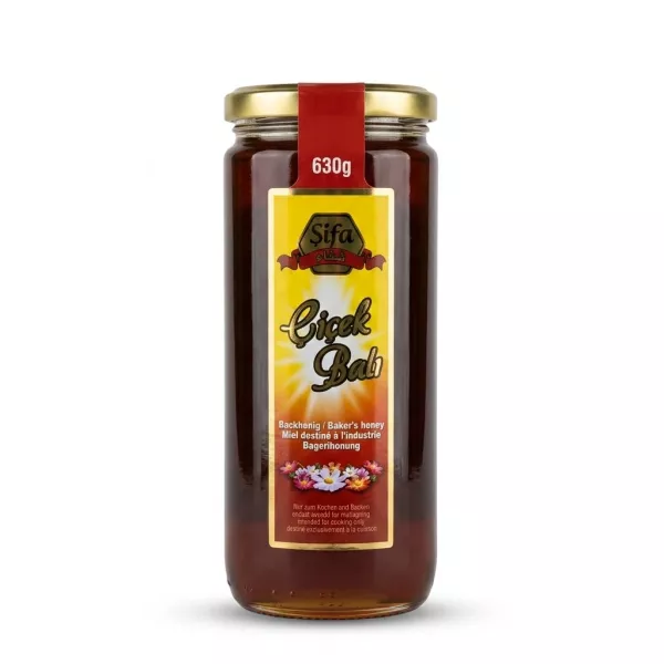 Enhanced Front view of Sifa Cicek Bal Baker's Honey 630g glass jar with yellow label
