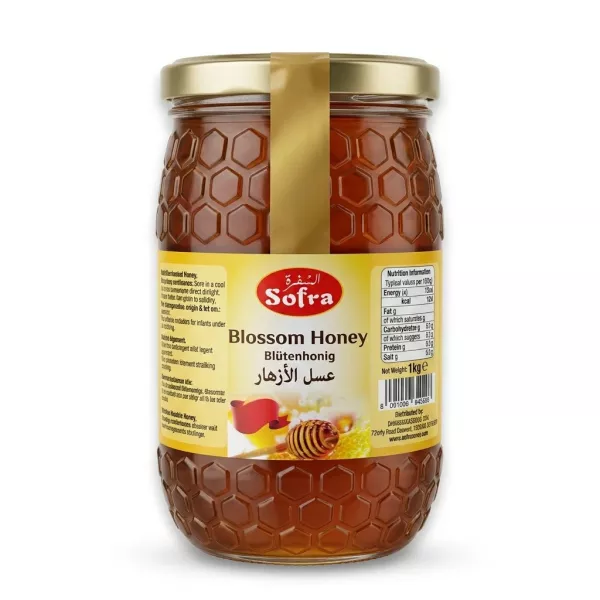 Enhanced Front view of Sofra Blossom Honey 1kg jar with label