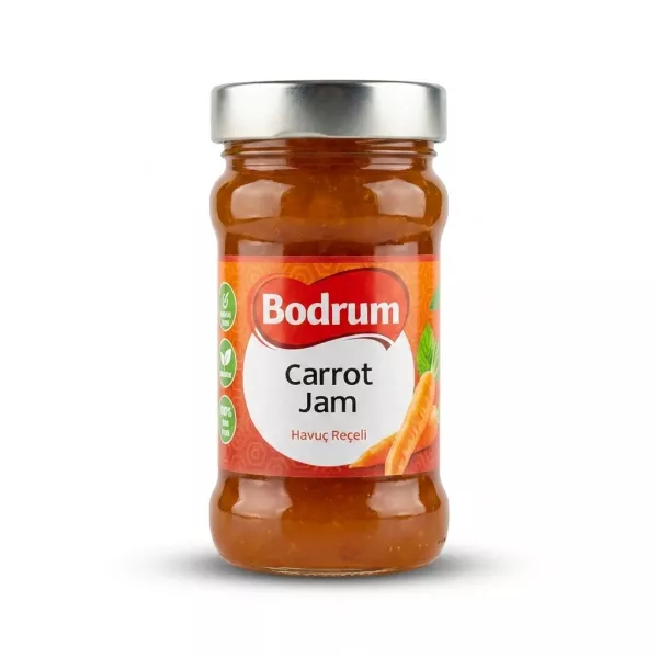 Enhanced Front view of Bodrum Carrot Jam 380g jar held in hand