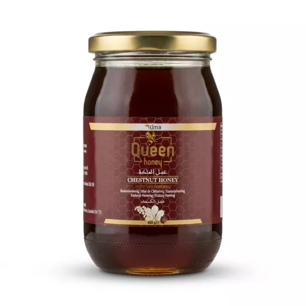 Enhanced Front label of Balmer Queen Chestnut Honey 460g jar with gold lid
