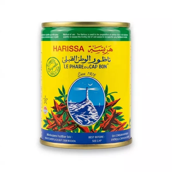 Enhanced Front of Le Phare du Cap Bon Harissa 135g tin with yellow and green packaging