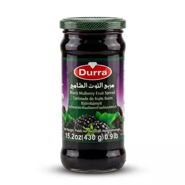 A 430g jar of Durra Black Mulberry Fruit Spread, with its clear label showing the brand name and images of mulberries, is centered against a clean white background. PRODUCT TITLE: Durra Black Mulberry Fruit Spread 430g Jar PROCESSED PRODUCT IMAGE: